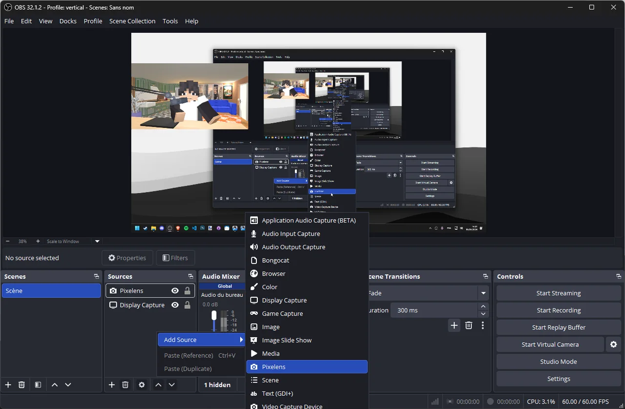 Le menu des sources d’OBS Studio, avec Pixelens dans la liste